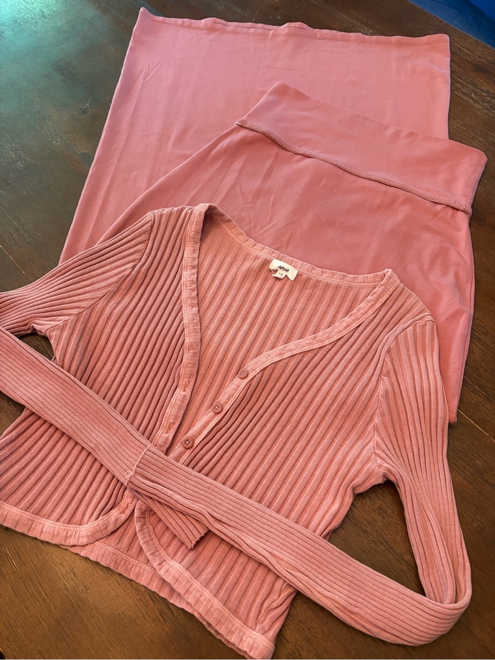 aerie Ribbed travel Midi Skirt and cardigan set in Dusty Rose
